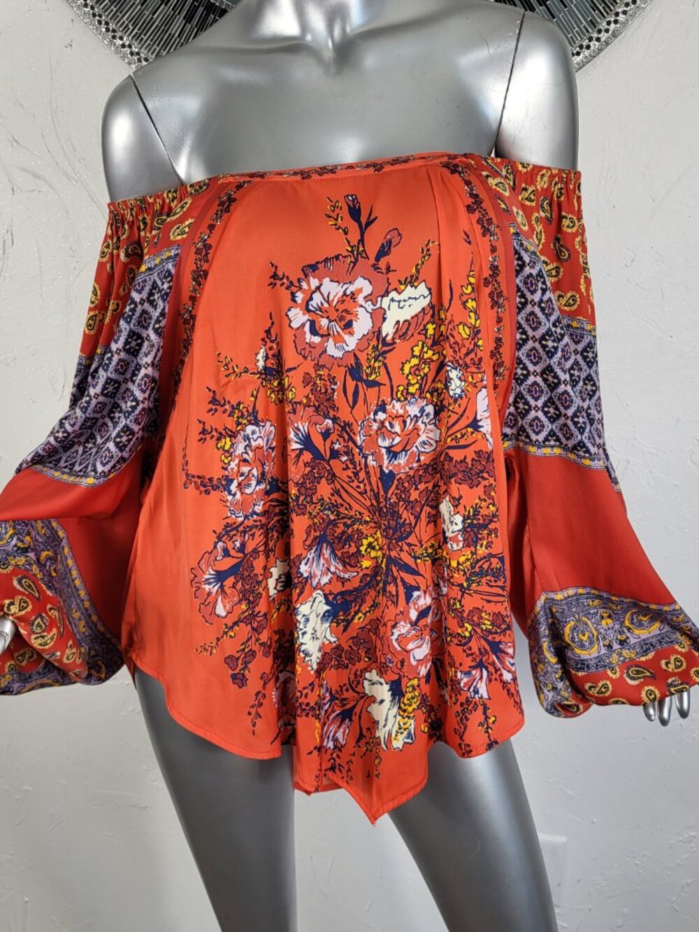 FREE PEOPLE~S/M/L~ORANGE BLUE OFF THE SHOULDER FLORAL PEASANT TOP BLOUSE TUNIC